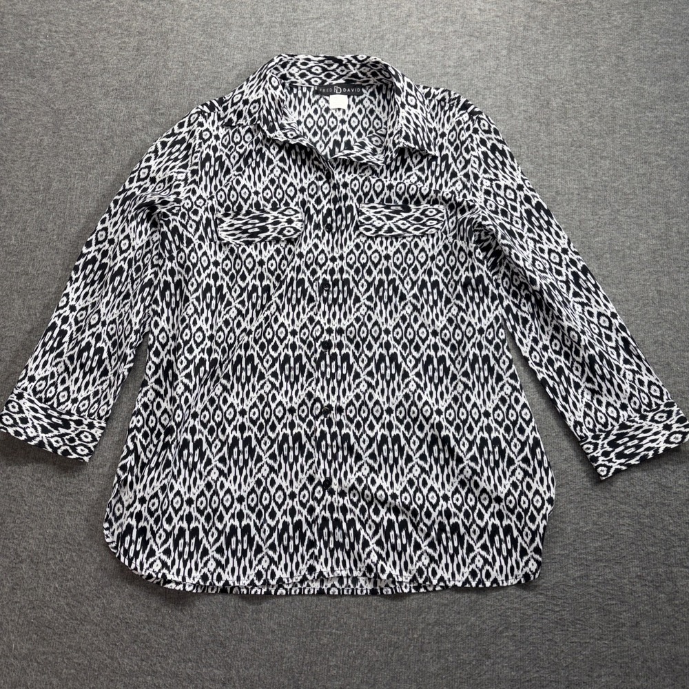 Fred David Women's Button Long Sleeve Top Blouse Black White Size Medium